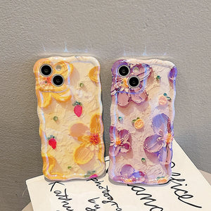 Glossy Laser Oil Painting Flowers Phone Case For iPhone 14 Pro Max 11 12 13 Pro Max 14Plus Luxury Shockproof Soft Silicone Cover