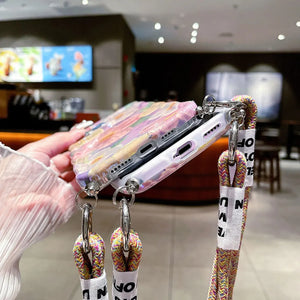 Fashion Oil Painting Flowers phone case for iPhone 14 11 12 13 Pro Max Crossbody Hanging Anti Drop Women's Backpack Soft Cover