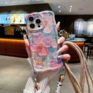 Fashion Oil Painting Flowers phone case for iPhone 14 11 12 13 Pro Max Crossbody Hanging Anti Drop Women's Backpack Soft Cover