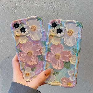 Luxury Fashion Laser Blue Light Oil Painting Flowers Phone Case For iPhone 15 14 11 12 13 Pro Max Wave Frame Shockproof Cover