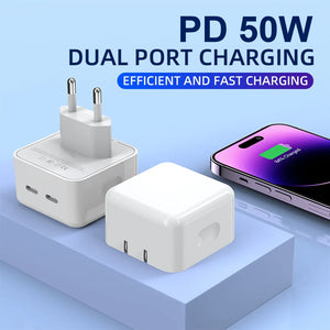 Eaiser-PD 50W  Double C Quick Charging Charger For IPhone14/13/12/Pro Max XR For  Xiaomi samsung Universal Adapter And Type-c Phones+1m