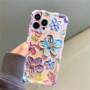 INS Retro Oil Painting Blu-ray Flowers Phone Case For iPhone 14Pro Max 14 13 12 Pro 11 Floral Glossy Soft Silicone Back Cover
