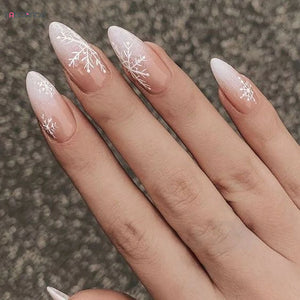 Christmas nails  Fake Nails Snowflakes Christmas Theme Nude Color Press On Nails Almond Shape Simple Style Full Cover False Nails For Women Use
