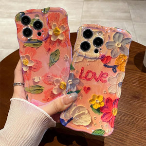 Fashion Blue Light Oil Painting Flower Phone Case For iPhone 15 14 13 12 11 Pro Max Shockproof Beautiful Wavy Border IMD Cover