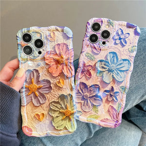 INS Retro Oil Painting Blu-ray Flowers Phone Case For iPhone 14Pro Max 14 13 12 Pro 11 Floral Glossy Soft Silicone Back Cover