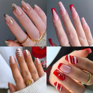 Eaiser Christmas nails   24Pcs Christmas Exclusive False Nails Wearable Xmas Style Fake Nails Checked Snowflake Design Full Cover Press on Manicure Tips*
