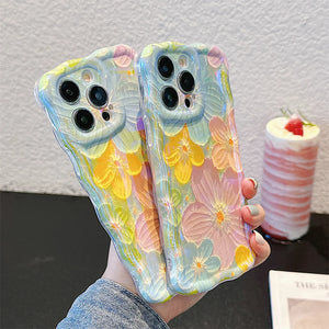 Luxury Oil Painting Flowers Blue-ray Case For iPhone 14 15 Pro Max 14 Pro 12 11 13 Promax Camera Protection Wave Edge Soft Cover
