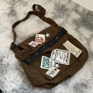 Eaiser MBTI Vintage Y2k Messenger Bag for Women Canvas Star Patch Students School Crossbody Bags American Fashion Retro Female Handbags