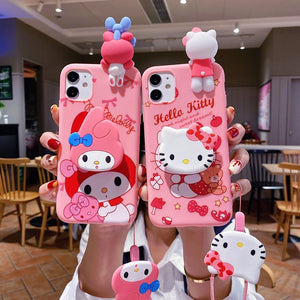 Eaiser - For iPhone 6 6s 7 8 X Xs Max XR 11 12 13 14 15 Pro SE Max Case My Melody Hello Kitty TPU Soft Phone Case With Holder Strap Rope