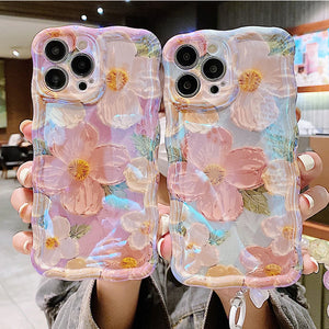 Oil Painting Flowers Phone Case For iPhone 11 12 13 14 Pro Max Soft Shockproof Cover Ladies' Gift with Rainbow pearl chain