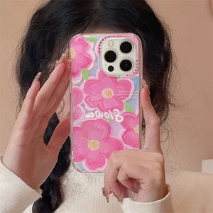 Pink Oil Painting Flower Phone Case For iPhone 15 Pro 12 14 13 Pro Max 14pro Cover Fashion Cute Silicone Cases For Women Funda