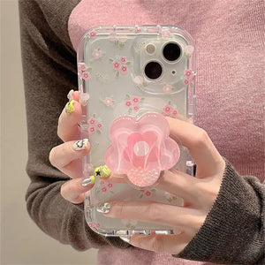 Cute Quicksand Pink Flower Holder Phone Case For iphone 15 14 12 13 11 Pro Max Plus INS Korea Girl Stand Floral Clear Soft Cover
