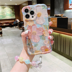 Oil Painting Flowers Phone Case For iPhone 11 12 13 14 Pro Max Soft Shockproof Cover Ladies' Gift with Rainbow pearl chain