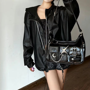 Eaiser MBTI Y2k Womens Shoulder Bag Harajuku Fashion Gothic Casual Black Chains Handbag Hot Girls Pu Leather Ladies Motorcycle Bag Sac