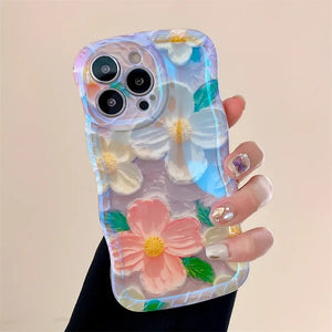 Retro Oil Painting Printed Flower Laser Pattern Cute Curly Waves Border Phone Case for iPhone 15 Plus 14 13 12 11 Pro Max Cover