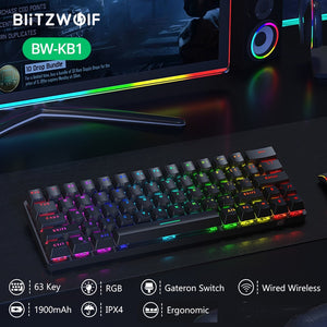 BlitzWolf BW-KB1 bluetooth-compatibleWireless Mechanical Keyboard Type-C Gaming Keyboard Gateron Switch RGB 63 Keys Brown Switch