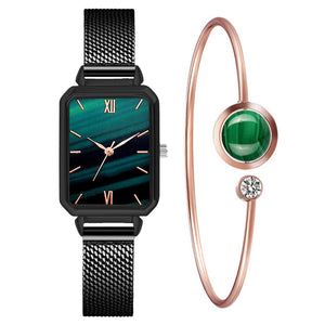 Women Fashion Quartz Watch Bracelet Set Green Dial Luxury Women Watches Simple Silicone Strap Ladies Wrist Watch Montre Femme