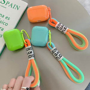 Eaiser For Airpods 2 Pro 1 3 Earphone Case Fluorescence Orange Green Rope Keyring Cases Cute Soft Silicone Solid Color Headphone Cover