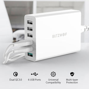 BlitzWolf 60W Dual QC3.0 6 Port USB PD Phone Charger for iphone for huawei Mobile Phone Chargers Accessories USB Fast Charging