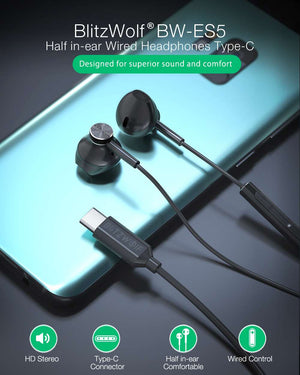 BlitzWolf 14.2mm Dynamic Driver Type-C USB C  Earphone Half in-ear Wired Earbuds HiFi Stereo Gaming Meeting Headset with Mic