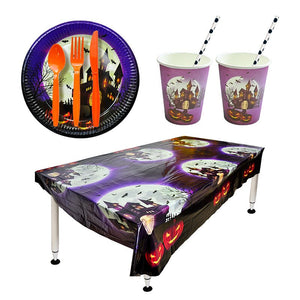 Eaiser 10Guests Purple Halloween Disposable Tableware Horror Old Castle Ghost Party Bat Spider DIY Happy Halloween Party Decor For Home