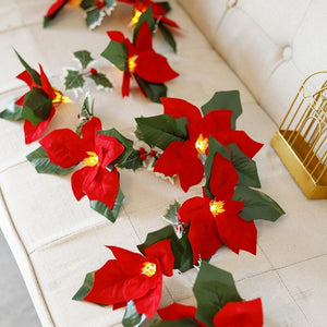 2m 10LED Christmas Artificial Poinsettia Flowers Garland Fairy Lights Holly Leaves Xmas Tree Ornament Christmas Decorations