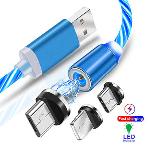 3 In1 Magnetic Current Luminous Lighting Charging Mobile Phone Cable Cle Usb C Cable LED Micro USB Type C for Iphone Huawei P50