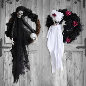 Eaiser White Black Halloween Ghost Skeletons Door Hanging Garland Wreath Horror Halloween Decoration For Home Festive Party Supplies