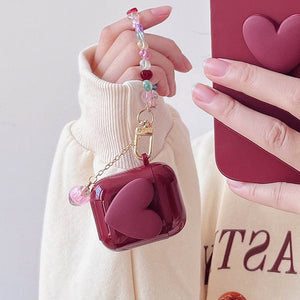 Wine Red Heart Case with Key Chain Bracelet for Apple AirPods 2 Pro 3  Earphone Case For Air Pods 1 Headset Protective Cover
