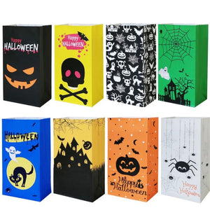 Eaiser 6/12Pcs Kraft Paper Bags Halloween Pumpkin Ghost Skull Cat Spider Web Gift Bags Horror House Halloween Party Decor Candy Boxes