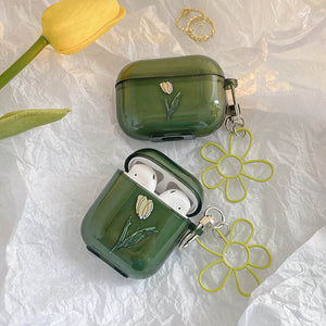 For AirPod 1 2 Case Clear Vintage Green Cute Cartoon Flowers Keychain Soft Silicone Earphone Cases for Apple Airpods Pro Cover