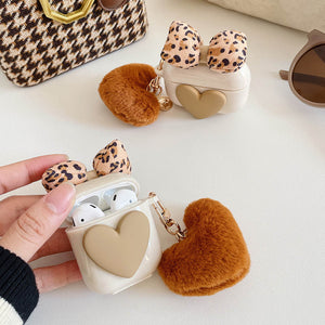 Cute Heart Love Plush Hairball Ornament Case for AirPods 3 2 Pro Case Bow Bluetooth Earphone Accessories Protect Cover Keyring