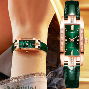 Luxury Watches Women Roma Square Rose Gold Wrist Watches Green Leather Fashion Watches Female Ladies Quartz Clock Reloj Mujer