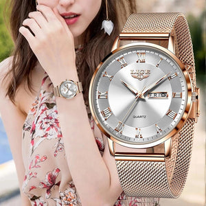 Eaiser      Luxury Brand Women Watches Ultra-thin Quartz Watch Fashion Ladies Clock Stainless Steel Waterproof Calendar Week Wristwatch