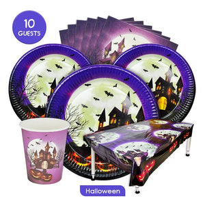 Eaiser 10Guests Purple Halloween Disposable Tableware Horror Old Castle Ghost Party Bat Spider DIY Happy Halloween Party Decor For Home
