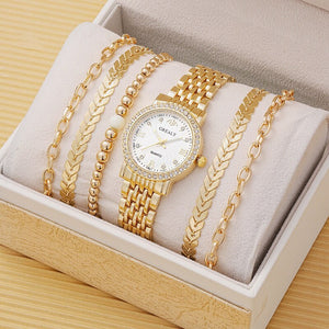 Eaiser 5Pcs Women's Watch Stainless Steel Luxury Diamond Quartz Wristwatch With Fashion Woman Bracelet