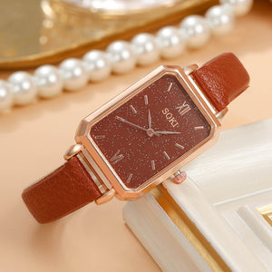 Eaiser Elegant Women's Square Quartz Wristwatch Vintage Premium Leather Watch With Beautiful Bracelet 4 Pieces