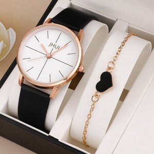 Eaiser Fashion Women's Leather Watch Korean Simple Quartz Wristwatch With Heart Bracelet JH1220