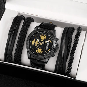 Eaiser High Quality Men's Leather Quartz Watch Bracelet Set Casual Sports Calendar Analog Wristwatch With 4Pcs Men Bangle