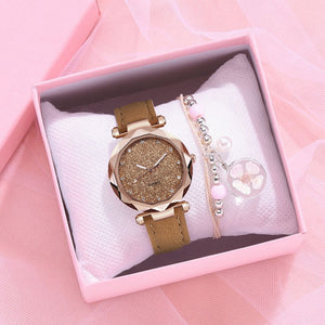 Eaiser Women's Quartz Watch With Leather Strap Luxury Starry Dial Wristwatch Fashion Sakura Bracelet