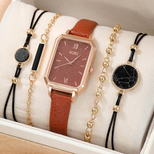 Eaiser Elegant Women's Square Quartz Wristwatch Vintage Premium Leather Watch With Beautiful Bracelet 4 Pieces