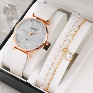 Eaiser 2 Piece Ladies Watch Set Fashion Starry Dial Bracelet Women's Leather Strap Quartz Girl's Wristwatch