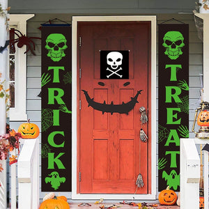 Eaiser 2Pcs Fluorescent Halloween Banner Skull Trick Or Treat Couplet Hanging Front Door Decoration Halloween Party Background Supplies