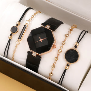 Eaiser 5PCS Fashion Women's Non-Scale Watch Vintage Leather Casual Quartz Wristwatch With Bracelet Set HT1005