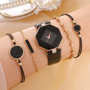 Eaiser 5PCS Fashion Women's Non-Scale Watch Vintage Leather Casual Quartz Wristwatch With Bracelet Set HT1005