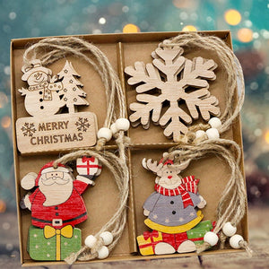 Eaiser 12Pcs Christmas Tree Ornaments Wooden Santa Claus Elk Snowflake Hanging Crafts Christmas Decorations For Home Navidad