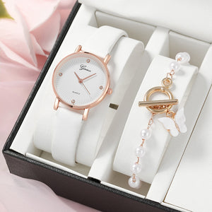 Eaiser  New Fashion Luxury Brand Women's Watch White Leather Simple Quartz Wristwatch Butterfly Bracelet Set