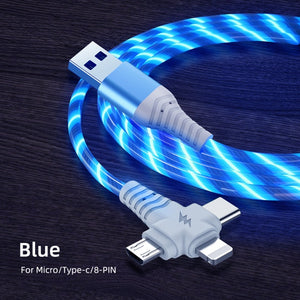 OLAF 3in1 Flow Luminous Lighting usb cable for iPhone 13 11 Pro 3 in 1 2in1 LED Micro USB Type C 8-Pin charger for Huawei Xiaomi