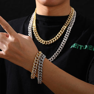12mm Set Cuban Link Chain Iced Out Bracelet Necklaces For Men Hip Hop Jewelry Cubic Zirconia Chains